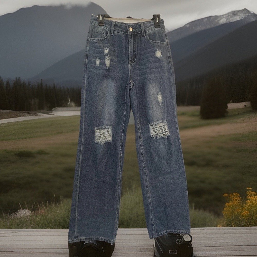 Jeans Womens Small Blue Straight Leg High Rise Distressed Relaxed Fit Denim